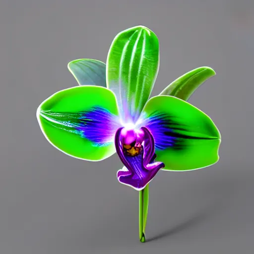 Prompt: iridescent glass orchid, hd, photo realistic, 3 d render,