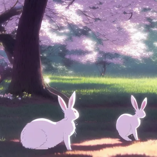 Image similar to A group of white bunny rabbits under the cherry tree, Makoto Shinkai