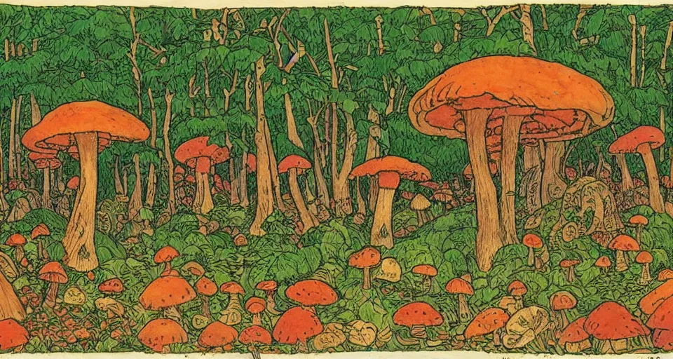 Image similar to A tribal village in a forest of giant mushrooms, by Ivan Bilibin,