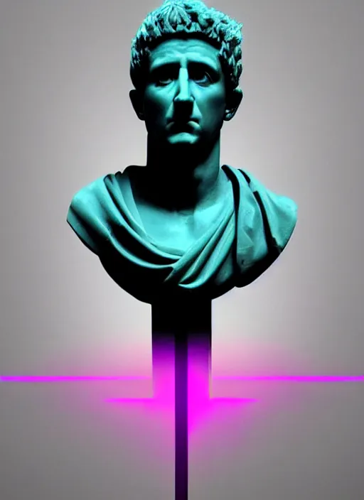 Image similar to bust of victorious caesar, beeple, vaporwave, retrowave, black background, neon wiring, black, glitch, strong contrast, cuts, pinterest, trending on artstation