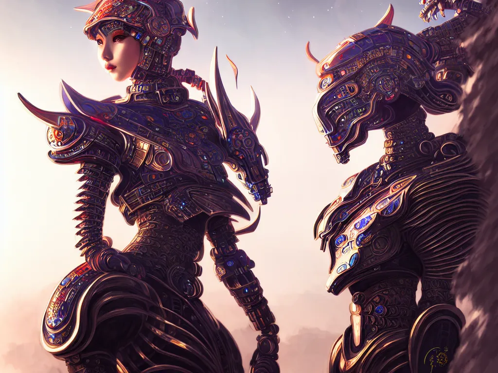 Prompt: portrait futuristic knights of zodiac armor girl, abstract chinese dragon character concept, at future neon tokyo light rooftop, ssci - fi and fantasy, intricate and very very beautiful and elegant, highly detailed, digital painting, artstation, concept art, smooth and sharp focus, illustration, art by tan zi and ayanamikodon and alphonse mucha and wlop