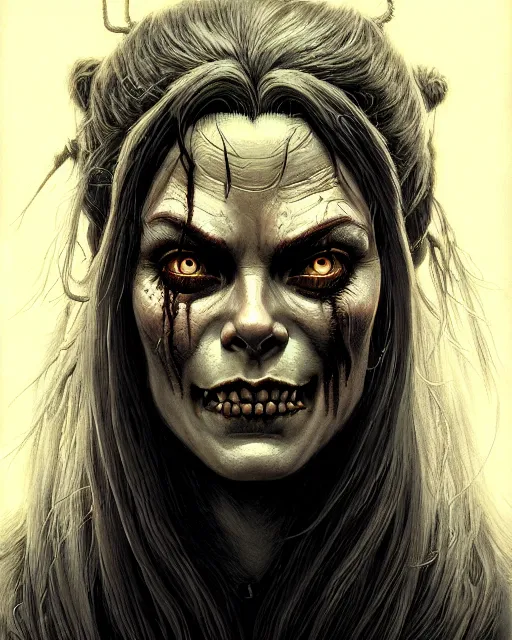 Image similar to brigitte from overwatch, character portrait, portrait, close up, concept art, intricate details, highly detailed, horror poster, horror, vintage horror art, realistic, terrifying, in the style of michael whelan, beksinski, and gustave dore