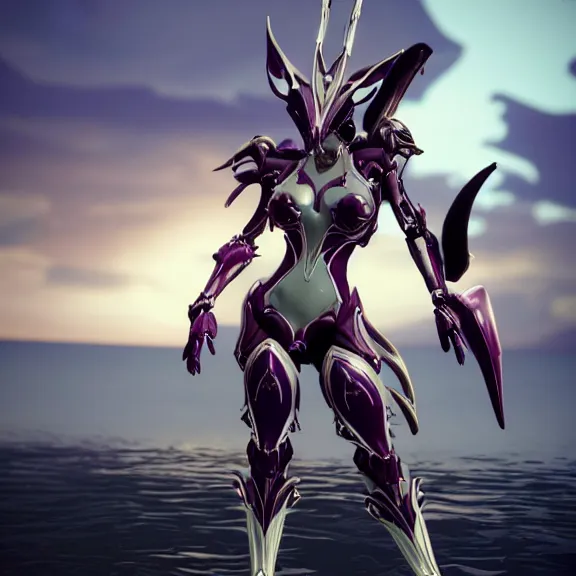 Image similar to cinematic close up full body shot of a beautiful stunning saryn prime warframe, that's a beautiful stunning anthropomorphic robot female dragon with metal cat ears, cute elegant pose, standing on teh beach at sunset, robot cat paws, thick warframe legs, detailed arms, sharp claws, slick pink armor, streamlined white armor, long elegant tail attached to her back end, two arms, two legs, detailed warframe fanart, destiny fanart, macro art, dragon art, furry art, realistic digital art, warframe art, Destiny art, furaffinity, DeviantArt, artstation, 3D realistic, 8k HD, octane render