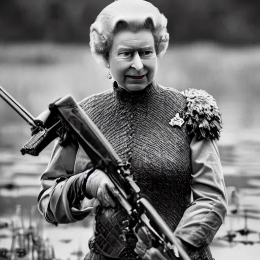 Prompt: cinematic shot of Queen Elizabeth II wearing combat armor and holding a rifle in a swamp, 8k, very detailed, very intricate, depth of field,