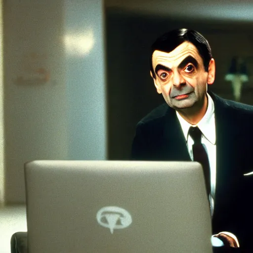 Image similar to a movie still of mr bean as a 1 9 8 0 s supervillain