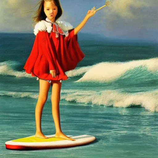 Prompt: The computer art depicts a young girl in a traditional hula outfit. She is standing on a surfboard in front of a beautiful ocean landscape. midday by Tim Walker, by Ed Emshwiller organic