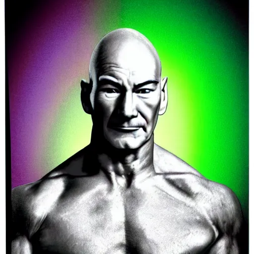 Image similar to a picture of the head of patrick stewart on the body of hulk hogan, sharp focus, vector, 4 k, by victor mapplethorpe