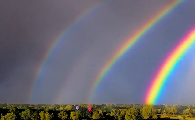 Prompt: hot air balloon flying through a double rainbow, oh the places you'll go by dr seuss