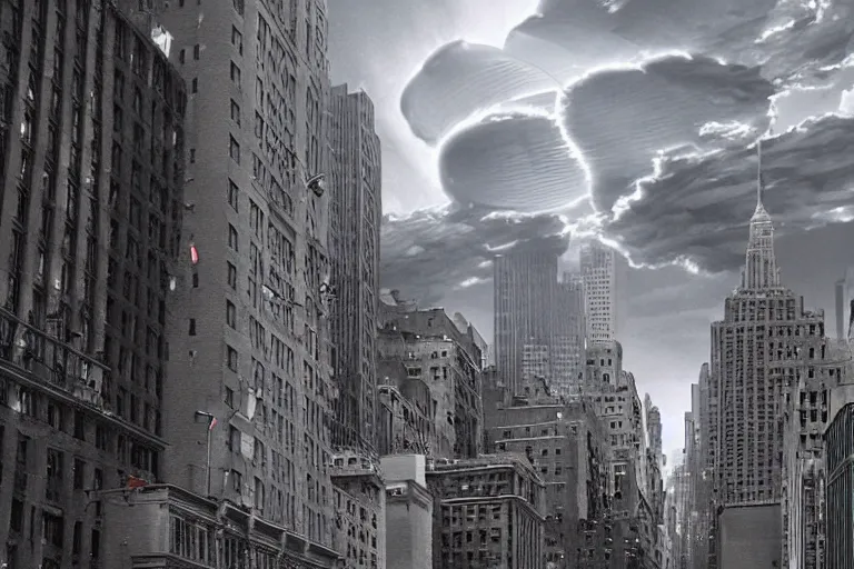 Prompt: matte painting of an giagantic single alien mothership entering the atmosphere through the first cloud layers seen from the streets of downtown new york, pov