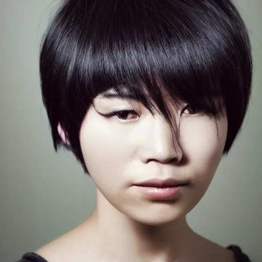Prompt: A portrait of a woman with japanese cut hair, by Dice Tsutsumi,