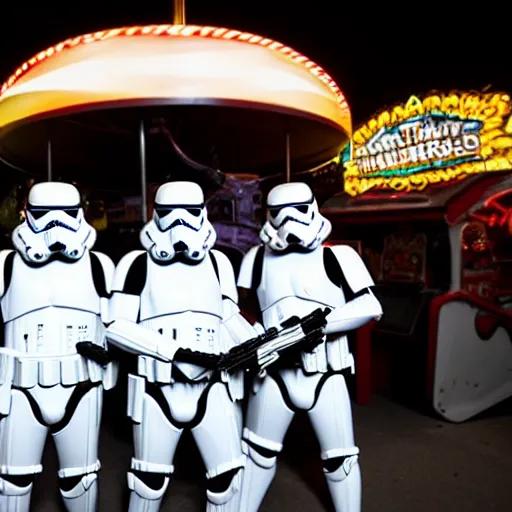 Image similar to stormtroopers trying to prizes at a fairground, dynamic lighting