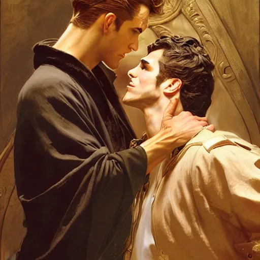 Prompt: attractive fully clothed king confesses his love for his attractive fully clothed male prince. highly detailed painting by j. c. leyendecker, craig mullins, gaston bussiere, mark brooks