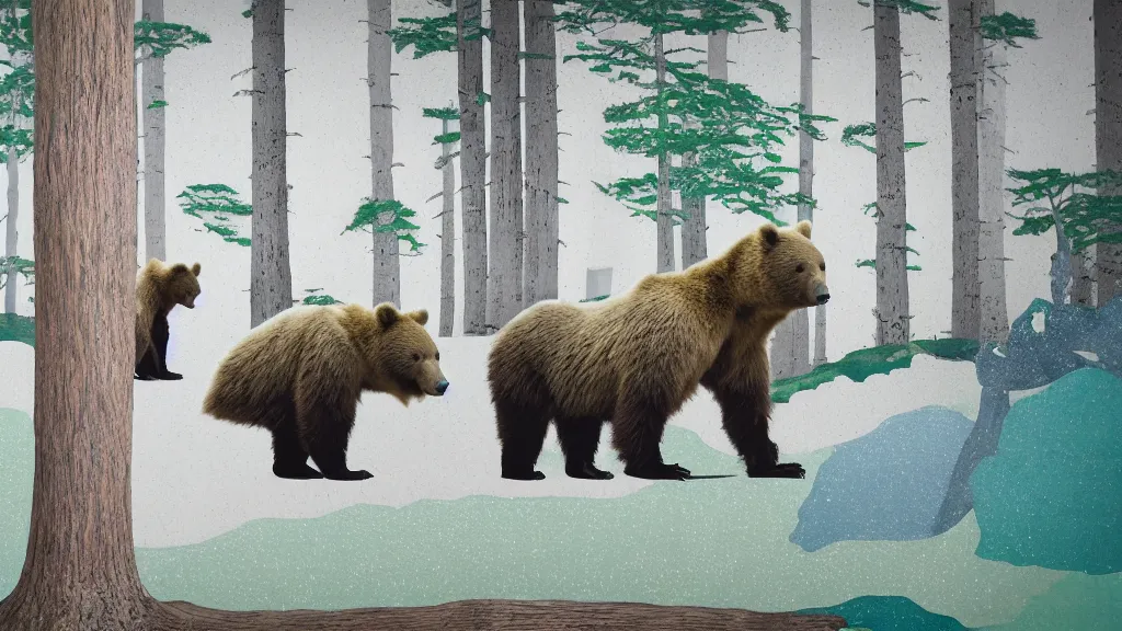 Image similar to a mama and baby bear at a seaside landscape with sequoia trees, japan, a collage painting, in the style of wes anderson, lola dupre, david hockney, isolated on negative white space background dark monochrome neon spraypaint accents volumetric octane render