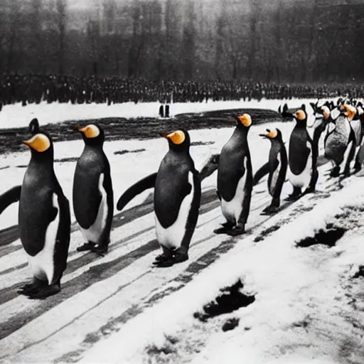 Image similar to “historical pictures of penguins marching along side of German soldiers, WW2”