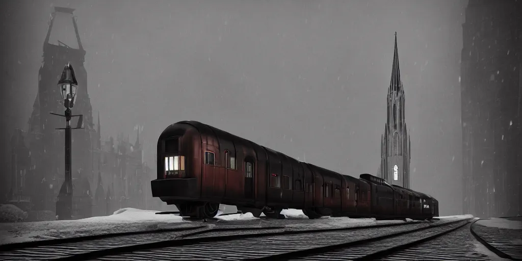 Prompt: gothic cathedral streamline retro art Deco train, gothic design train, dark metal, cone shaped, arrow shaped, snow, octane render, artstation, HD, realistic, medieval, high details