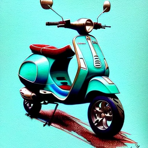 Image similar to a turquoise vespa moped, realistic, concept art, intricate details, detailed, rim light, photorealistic, pencil and watercolor, art by artgerm and greg rutkowski