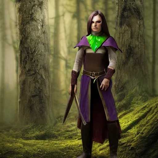 Image similar to anya charlota as a medieval fantasy wood elf, dark purplish hair tucked behind ears, wearing a green tunic with a fur lined collar and brown leather armor, stocky, muscular build, scar across nose, one black, scaled arm, cinematic, character art, digital art, forest background, realistic. 4 k