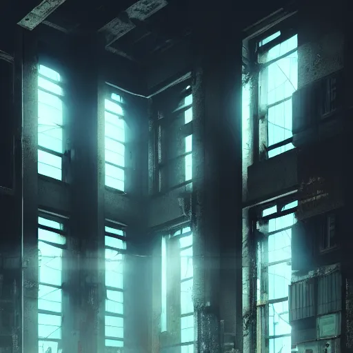 Image similar to One dilapidated building with only one window glowing. ArtStation, Cyberpunk, Vertical Symmetry, 8K, Highly Detailed, Intricate, Album Art.