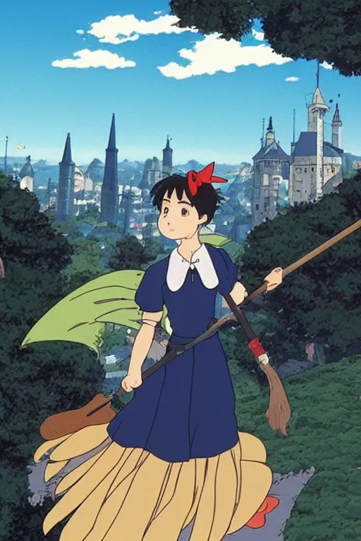 Image similar to Kiki's Delivery Service,A girl on a broomstick flying over the city sky at afternoon ,Medieval Cities ,Eye-catching blue accents,by studio ghibli