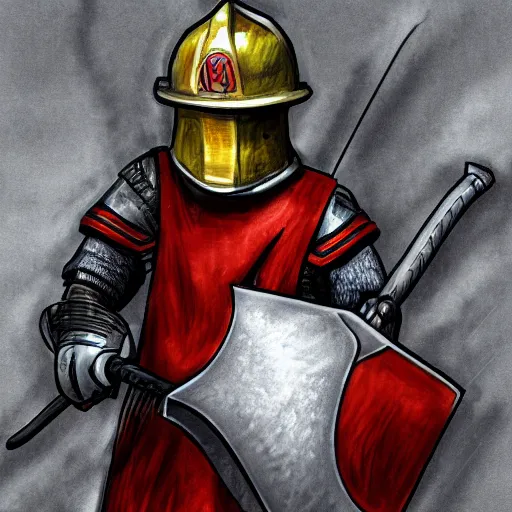 Prompt: A knight wearing a firefighter helmet and wielding a fire axe, highly detailed, digital art, sharp focus, trending on art station, flames, anime art style