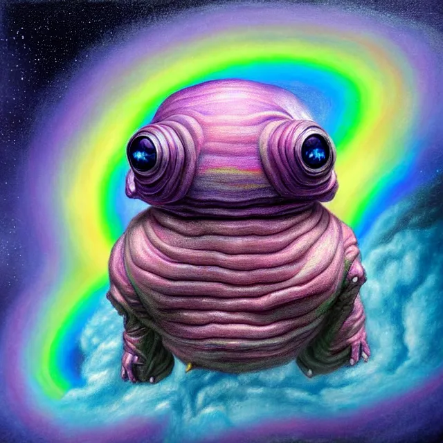 Image similar to a highly detailed tardigrade, it has rainbow hair and a beautiful unconventional face, floating through deep space, elegant, hyperrealistic, digital painting, artstation, realism, concept art, pop, smooth, mythological, sharp focus, qualia, illustration, art by mark ryden 3 d 8 k ultra detailed