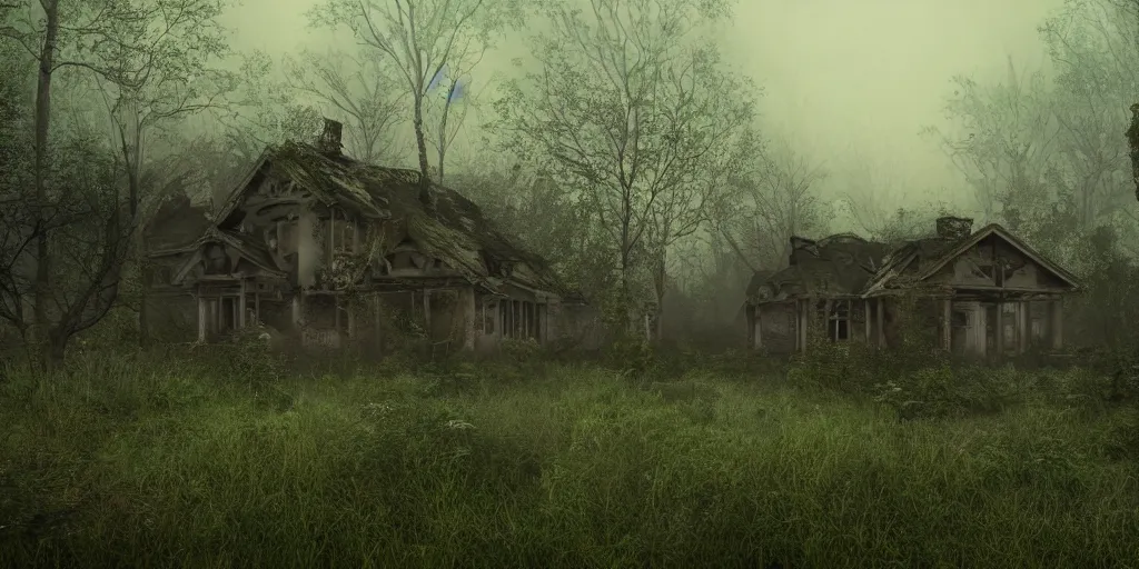 Prompt: photorealistic, ruined english bungalow, overgrown vegetation, in the forest, apocalypse, night, fog, shadowy creatures lurking in foliage, hyperrealistic, grimdark, artstation