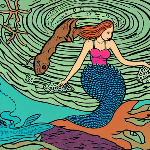 Image similar to illustration of a mermaid playing an stratocaster electric guitar, under the sea, by Bill Watterson