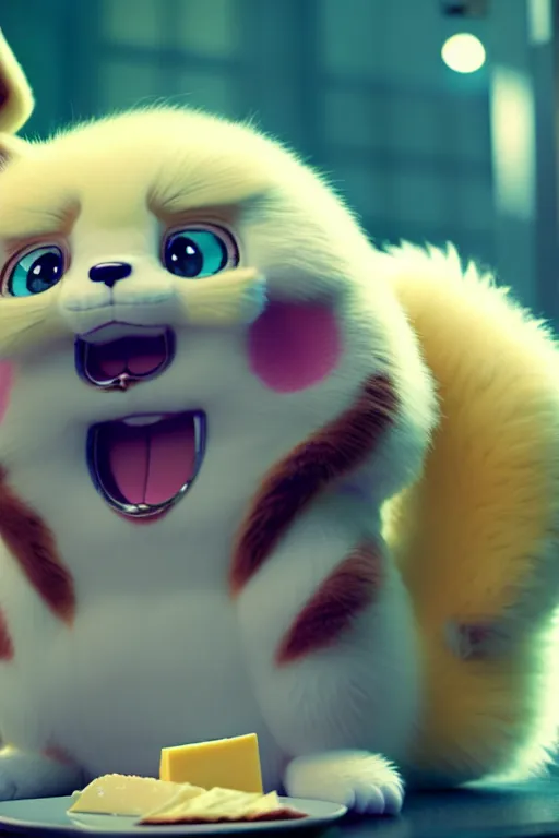 Image similar to high quality 3 d render hyperrealist fluffy very cute pastel grumpy dragon & red panda hybrid eating cheese, vray smooth, in the style of detective pikachu, very dramatic light, low angle, uhd 8 k, shallow depth or field