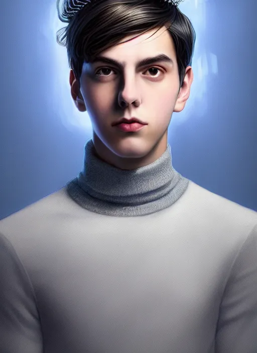 Image similar to portrait of teenage jughead jones wearing a light grey crown, crown, blue turtleneck, closed eyes, photorealistic, black hair, glowing lighting, intricate, elegant, glowing lights, highly detailed, digital painting, artstation, concept art, smooth, sharp focus, illustration, art by wlop, mars ravelo and greg rutkowski