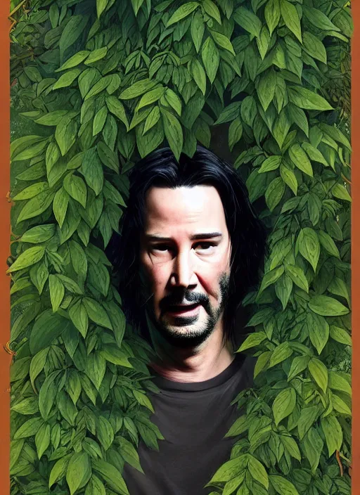 Image similar to highly detailed comedy caper movie poster with silly wacky zany keanu reeves hiding in leaves, keanu reeves face inside a leafy bush by greg rutkowski