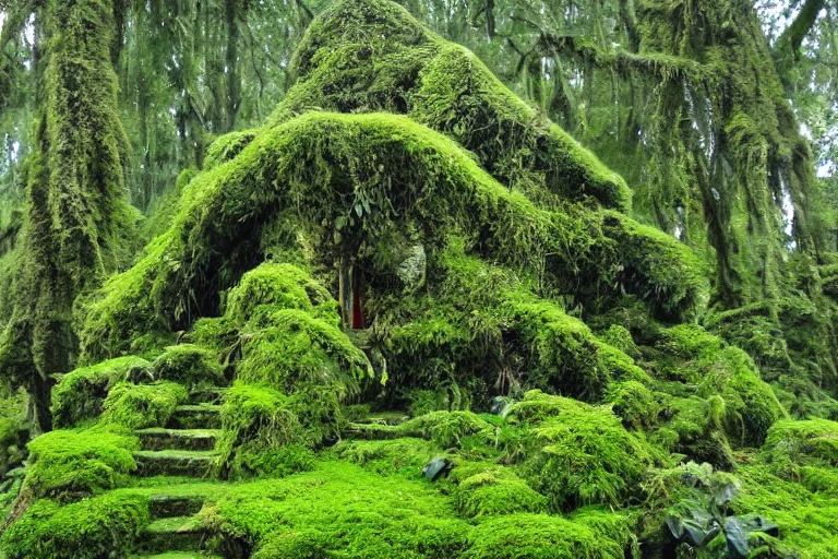 Prompt: varsai palace covered with moss inside a jungle