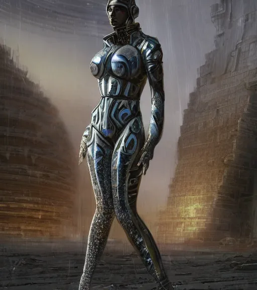 Image similar to cyber tarkovsky greatest scene, the ancient destroyed majestic tower of babylon, woman in futuristic cyber clothing, transparent puffer jacket, hyper realistic, blockchain, cyber world, ambient lighting, concept art, intricate, hyper detailed, smooth, dynamic volumetric lighting, octane, ray trace, cinematic, high quality, high resolution, 4 k, cgsociety