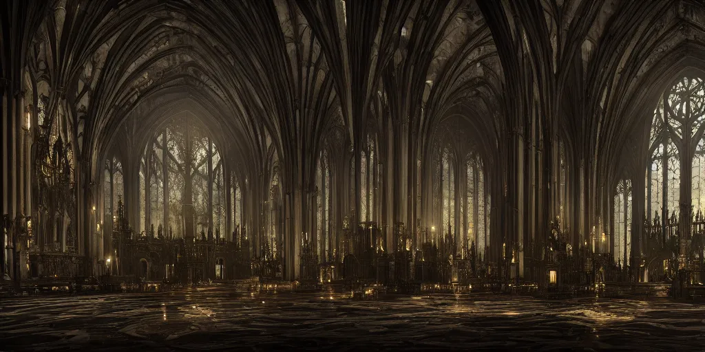 Prompt: cinematic movie scene, 2 0 0 mm wide shot, precise architectural rendering, interior of a dark gloomy catherdal made from bones skulls skin and wires, gothic architecture, detailed illustration, moody atmospheric lightng sharp focus, concept art, unreal engine, octane render, god rays h 7 6 8