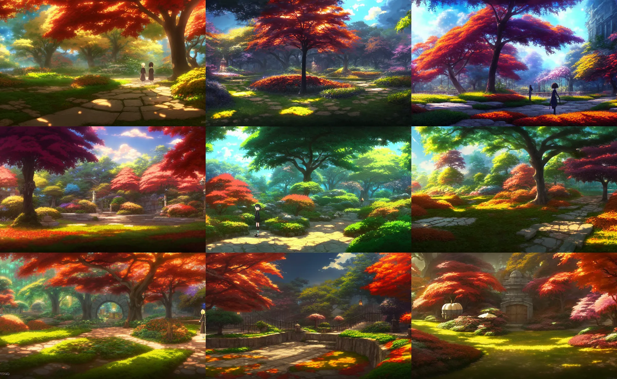 Prompt: an anime movie background matte painting of a secret autumn garden, fantasy, by makoto shinkai, trending on artstation, highly detailed