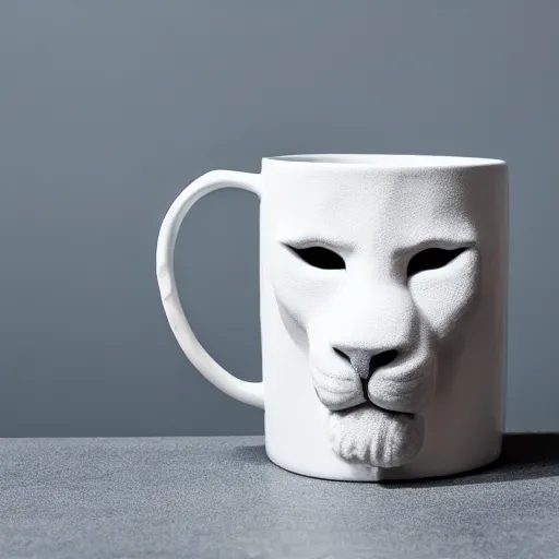 Prompt: a product photography photo of a porcelain mug that looks like the head of a lion, on a white table