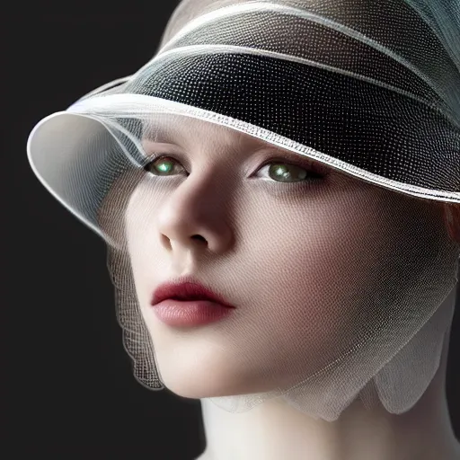 Prompt: a beautiful futuristic portrait with hat made by wires and white gauze twisted around her face, necklace made by wires, design by leonardo davinci, inspired by egon schiele, modern art, baroque, jewelry, new classic, hyper realistic, highly detailed, cinematic composition, cinematic lighting, fashion design, concept art, hdri, 4 k