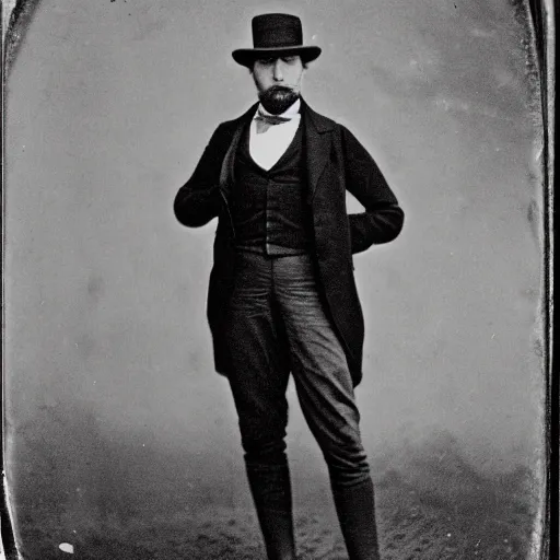 Prompt: portrait photo from 1870 of Mark Rutte outdoor wearing a contemporary three piece suit and a fedora hat