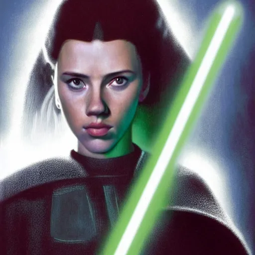 Prompt: head and shoulders portrait of a female knight, jedi, young scarlett johansson, star wars, jedi robes, green lightsaber, thunderstorm, by ralph mcquarrie, face detail, sharp focus, low - key lighting, vogue fashion photo