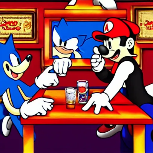 Image similar to sonic the hedgehog arm wrestling mario in a bar, jojo style by hirohiko araki