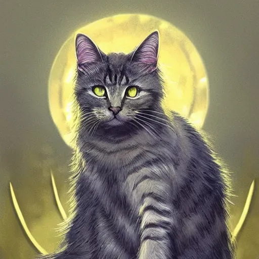 Prompt: a cat with a glowing angel halo, highly detailed, fantasy, concept art, large yellow eyes, smooth art, illustration; background of florals, nature; sharp focus, artstation, digital art, art by apofiss,