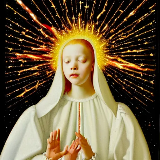 Image similar to highdetailed hyperrealistic of white angel in the hood!!! giant ball of miracle light from the chest!!!!!, white sparkles everywhere, lot of fire and stars overhead!!!, by jan van eyck, holography space, glow effect, large strokes, clean lines, white mono color, oil painting