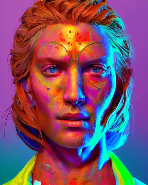 Image similar to colorful bust portrait of a hippie from the future, set in the future 2 1 5 0 | highly detailed face | very intricate | symmetrical | professional model | cinematic lighting | award - winning | painted by mandy jurgens | pan futurism, dystopian, bold colors, cyberpunk, groovy vibe, anime aesthestic | featured on artstation