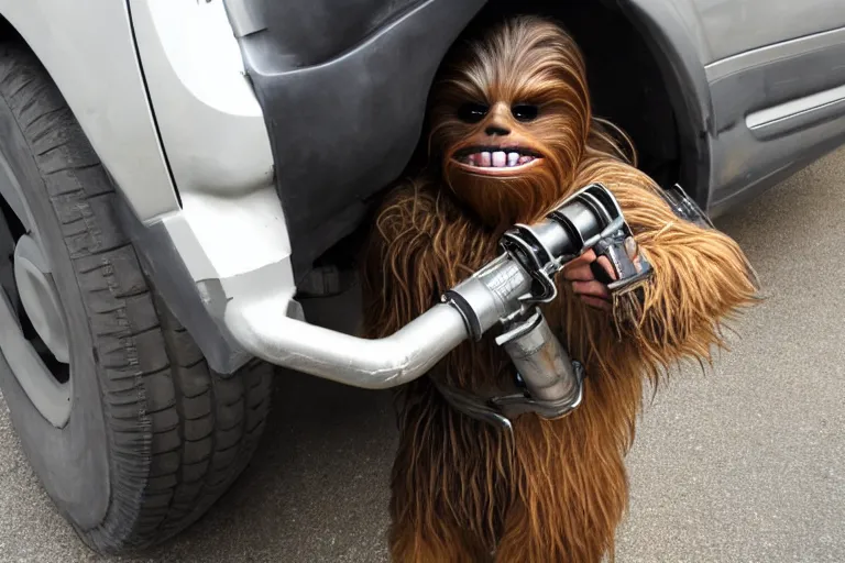 Image similar to Chewbacca stealing catalytic converter
