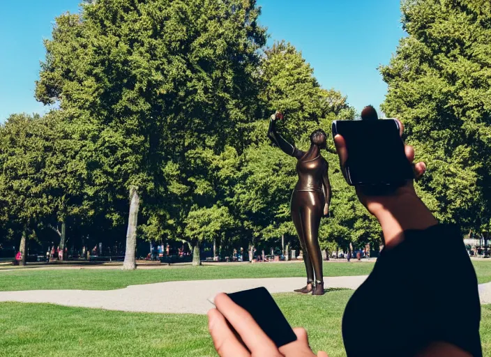 Image similar to photo still of a bronze statue of a woman using an iphone to take a selfie in a park on a bright sunny day, 8 k 8 5 mm f 1 6