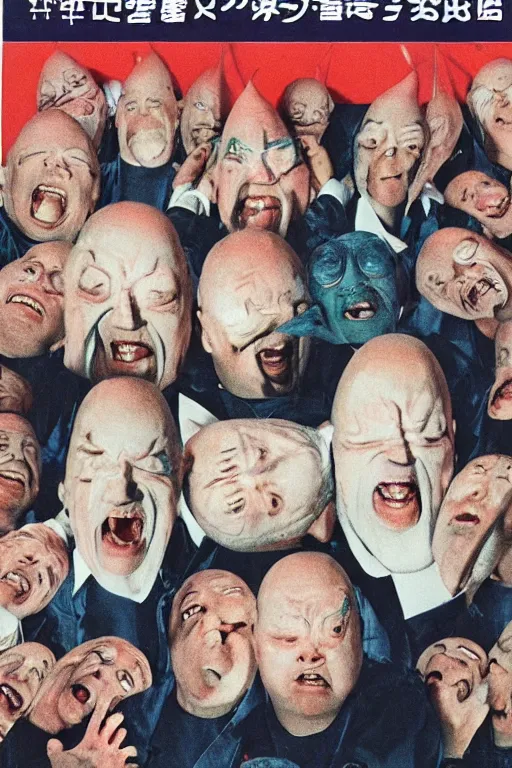 Image similar to coneheads, japanese vhs cover art, detailed facial expressions