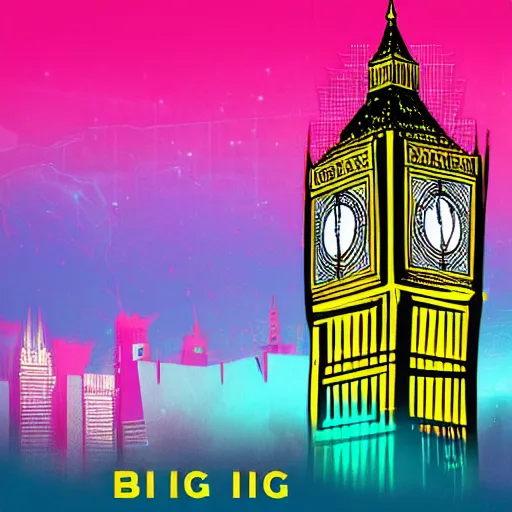 Image similar to big ben, retrowave epic art, trending on art station