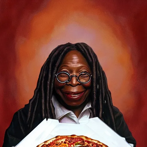 Image similar to portrait of whoopi goldberg opening his mouth to eat pizza, highly detailed, digital painting, artstation, concept art, sharp focus, illustration, art by artgerm and greg rutkowski and alphonse mucha