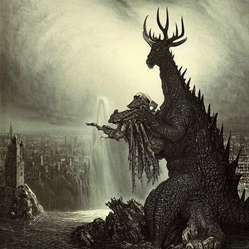 Image similar to godzilla sized deer demolish city, gustave dore, hiremious bosch, lovecraft, highly detailed, intricate, dramatic, realistic