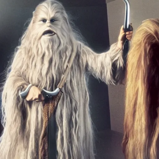 Image similar to gandalf as chewbacca, hair dryer commercial, hair dryer advertisement