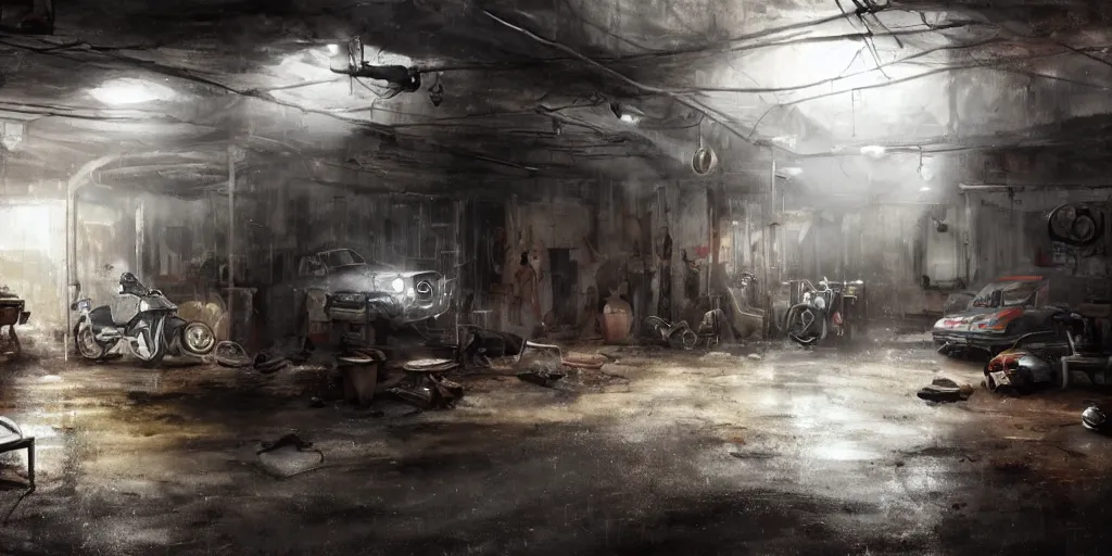 Prompt: mechanic garage interior inside an African favela, broken light from small hole in ceiling, high contrast, metal sheets with chipped paint for walling, shelves, spare parts, van under construction, wide angle lens, movie shot, trending on Artstation, highly detailed, moody atmospheric, hazy, style of Craig Mullins,